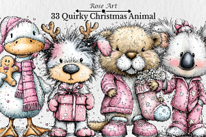 Quirky Pink Christmas Animal Clipart, an Illustration by Rose Art