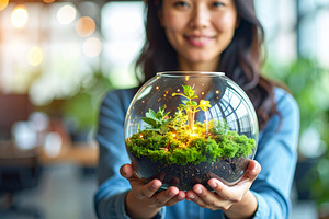 Woman entrepreneur tending to a large glass terrarium with holog, a Person Photo by DanFLCreativo