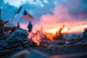 Moment of reflection on a battlefield as daylight fades after a fierce confront, an Abstract Photo by AlyaAnd