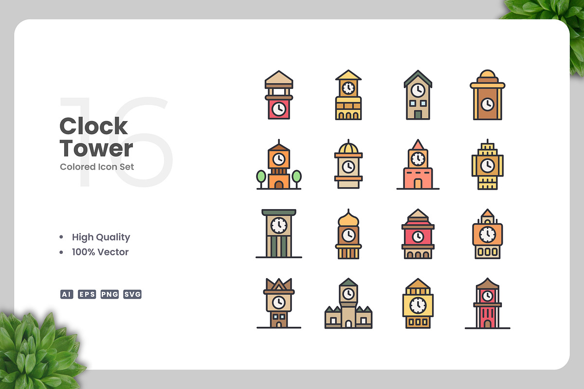 Clock Tower Colored Icons, an Icon by Upnowgraphic
