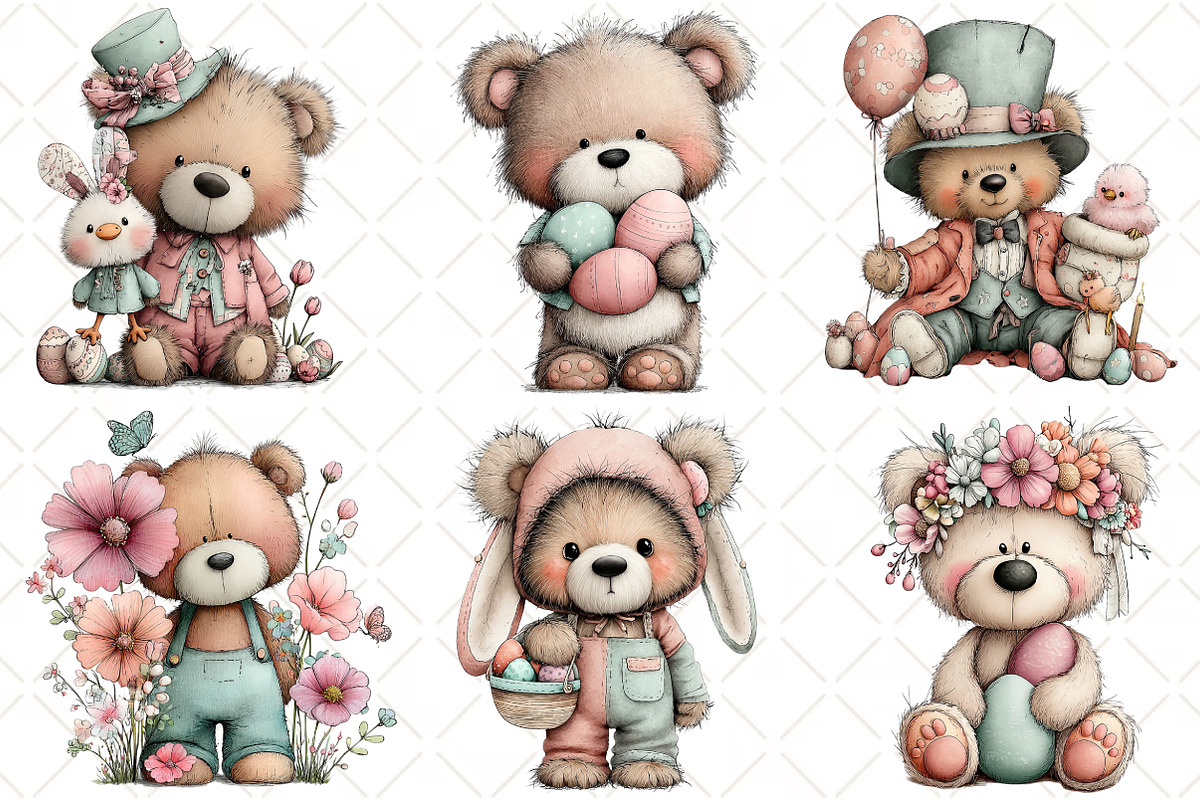Whimsical Easter Teddy Bear Clipart, an Illustration by Black Bird Studio (Photo 2 of 5)
