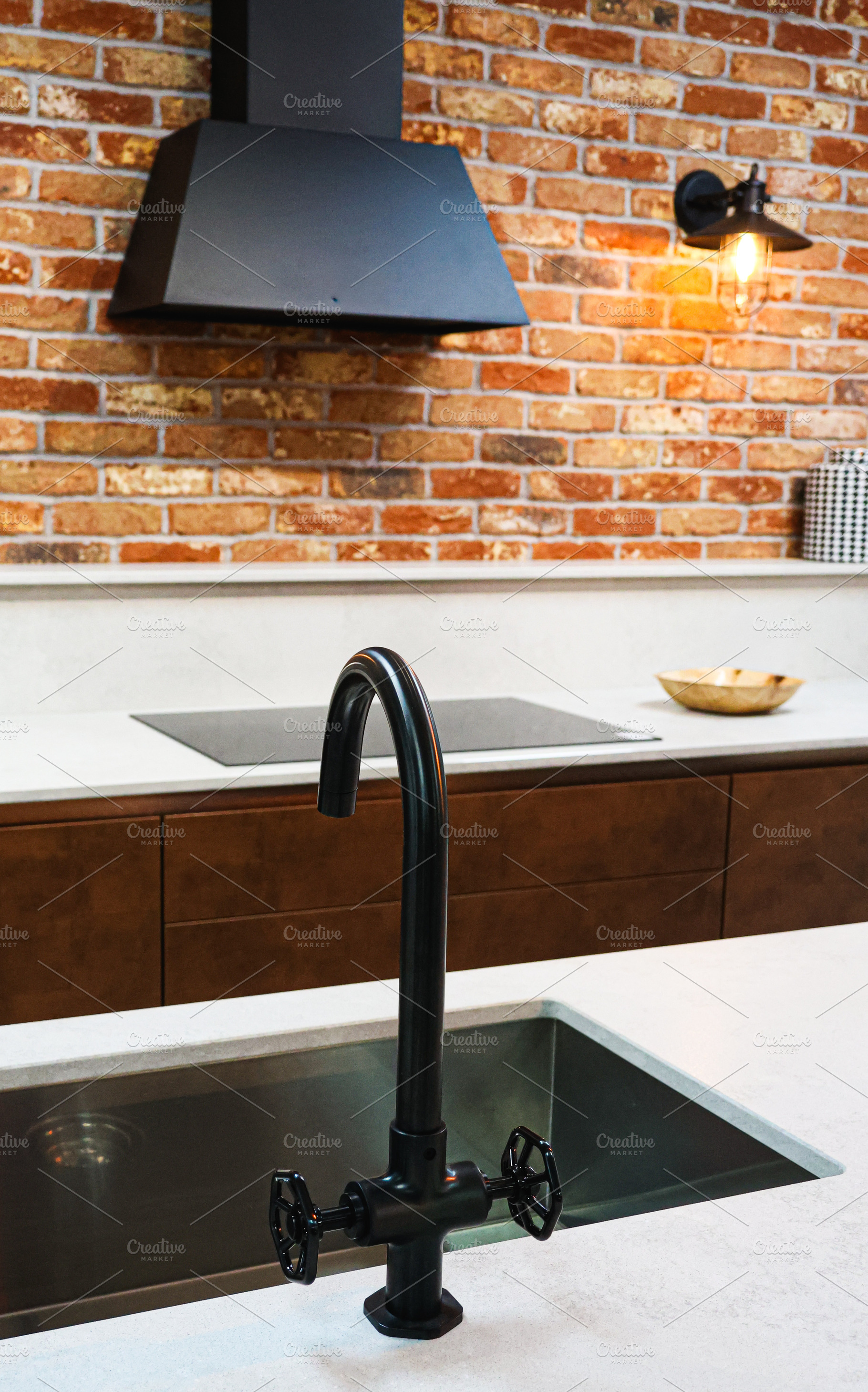 Modern industrial kitchen design featuring a functional black faucet, sink, coo, a Photo by Studio ANNA