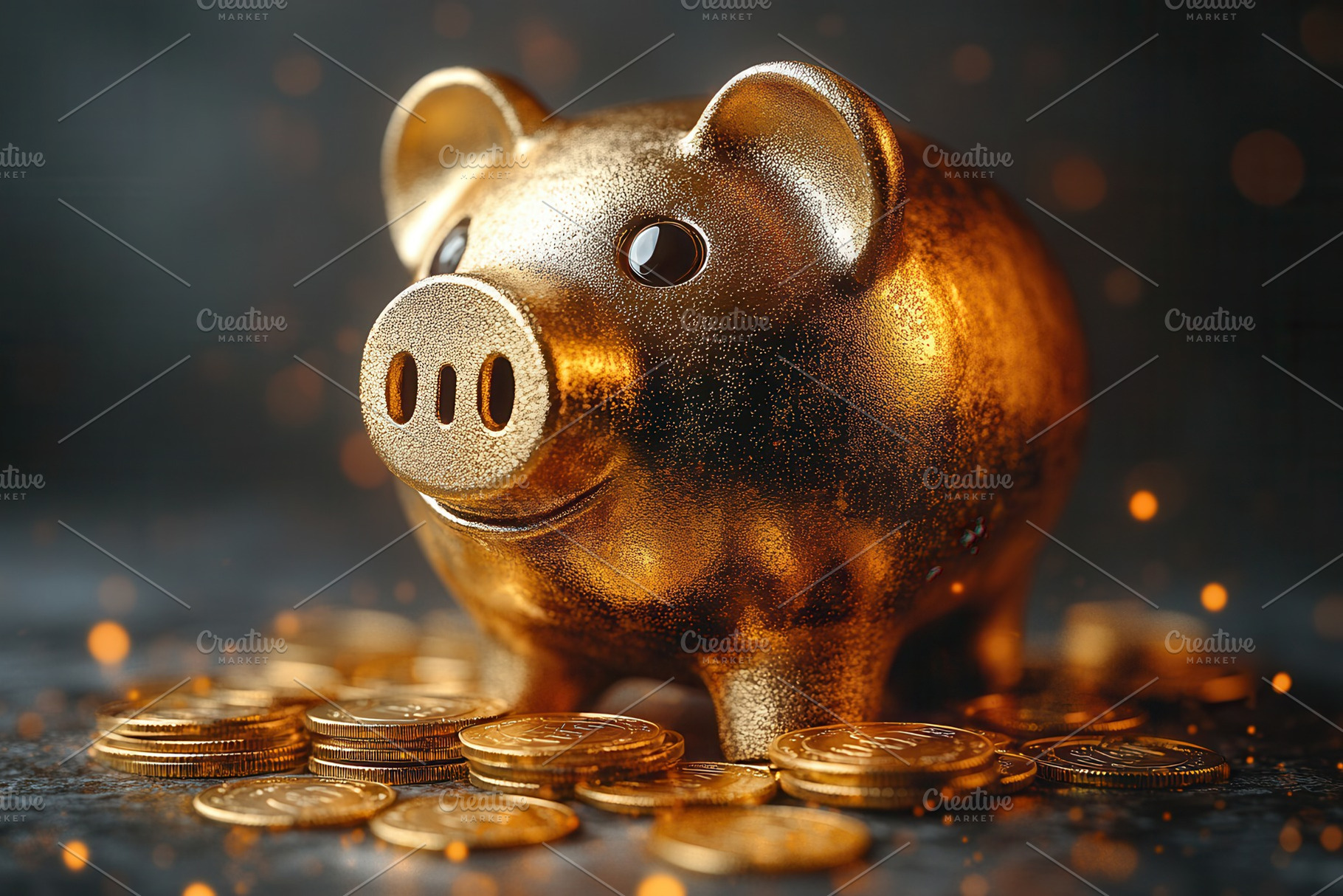 Gold piggy bank surrounded by coins, a Photo by Tanuart