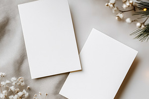 Blank white invitation cards mockup on gray fabric with festive Christmas decor, a Holiday Photo by Studio ANNA