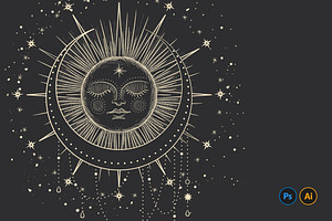 The Sleeping Sun And Moon. Engraving