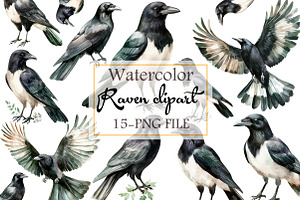 Raven watercolor clipart, an Illustration by Libby Wishes
