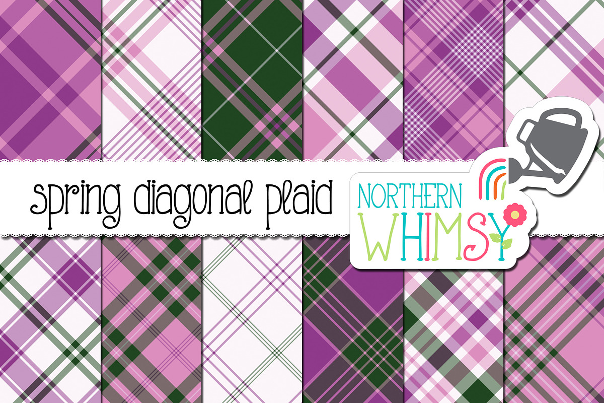 Purple Spring Diagonal Plaid, a Pattern Graphic by Northern Whimsy Design