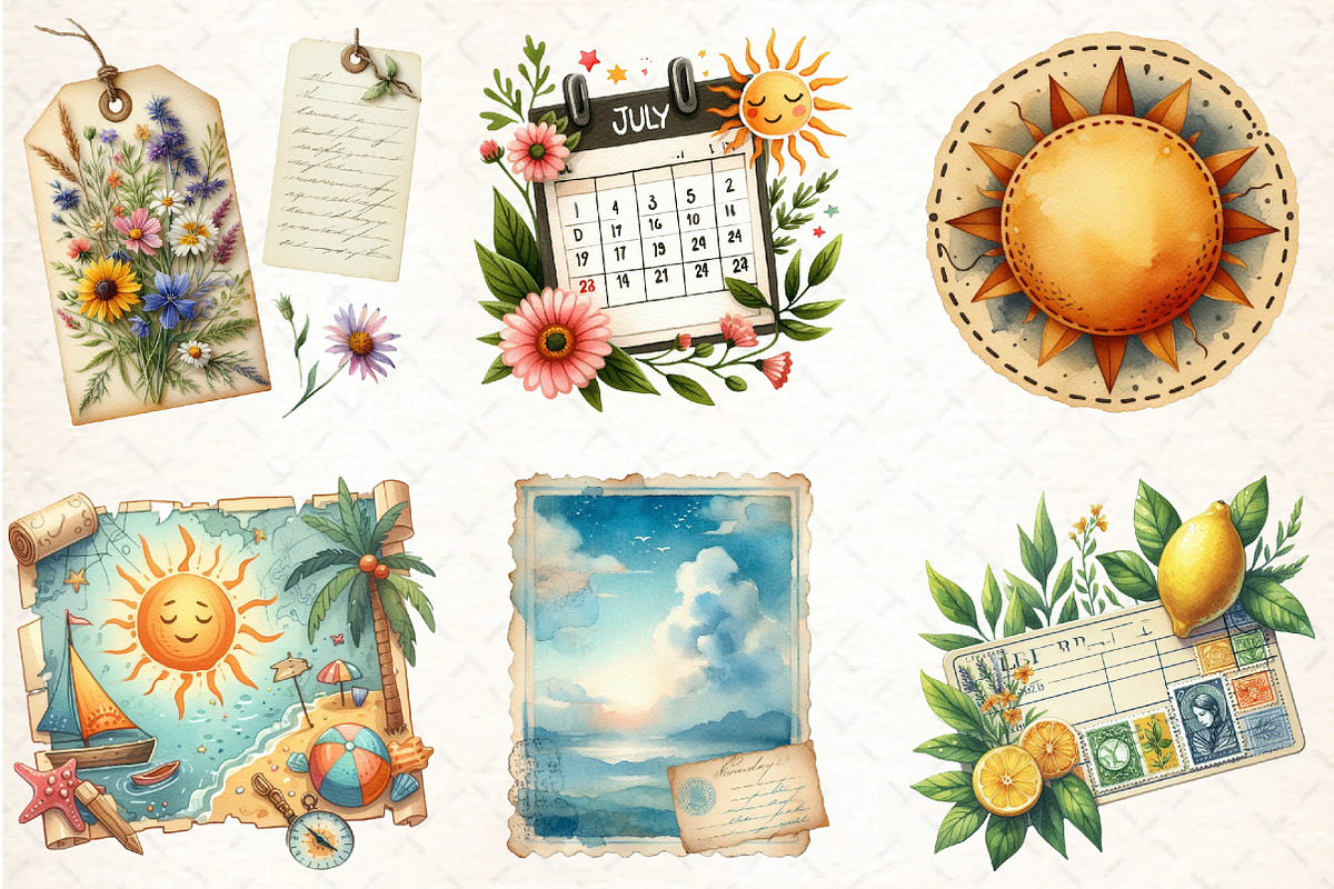 Watercolor Ephemera Summer Clipart, an Illustration by DreamCafeArt (Photo 2 of 8)