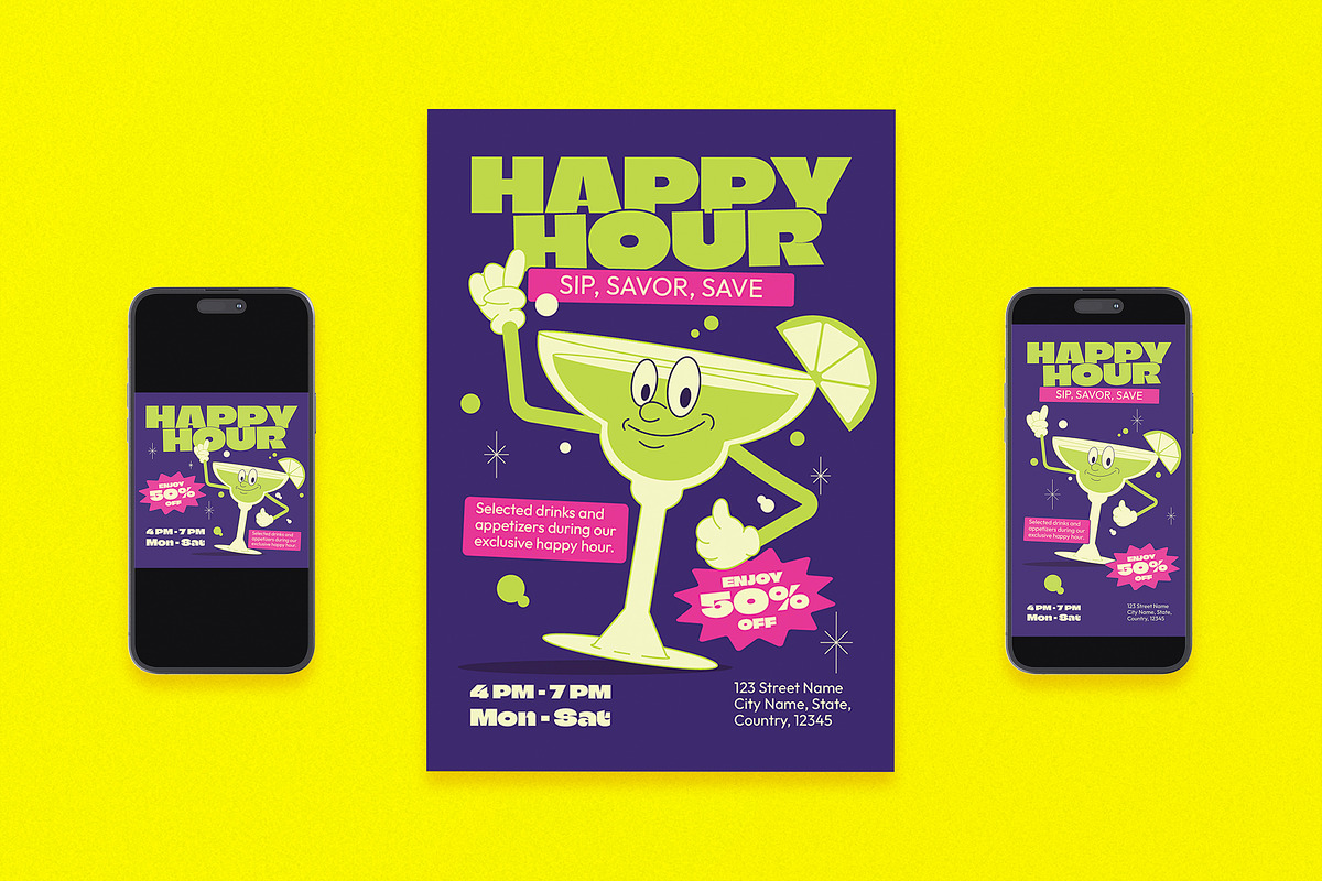 Retro Happy Hour Flyer Set, a Flyer Template by Aiyari Graphic (Photo 1 of 3)