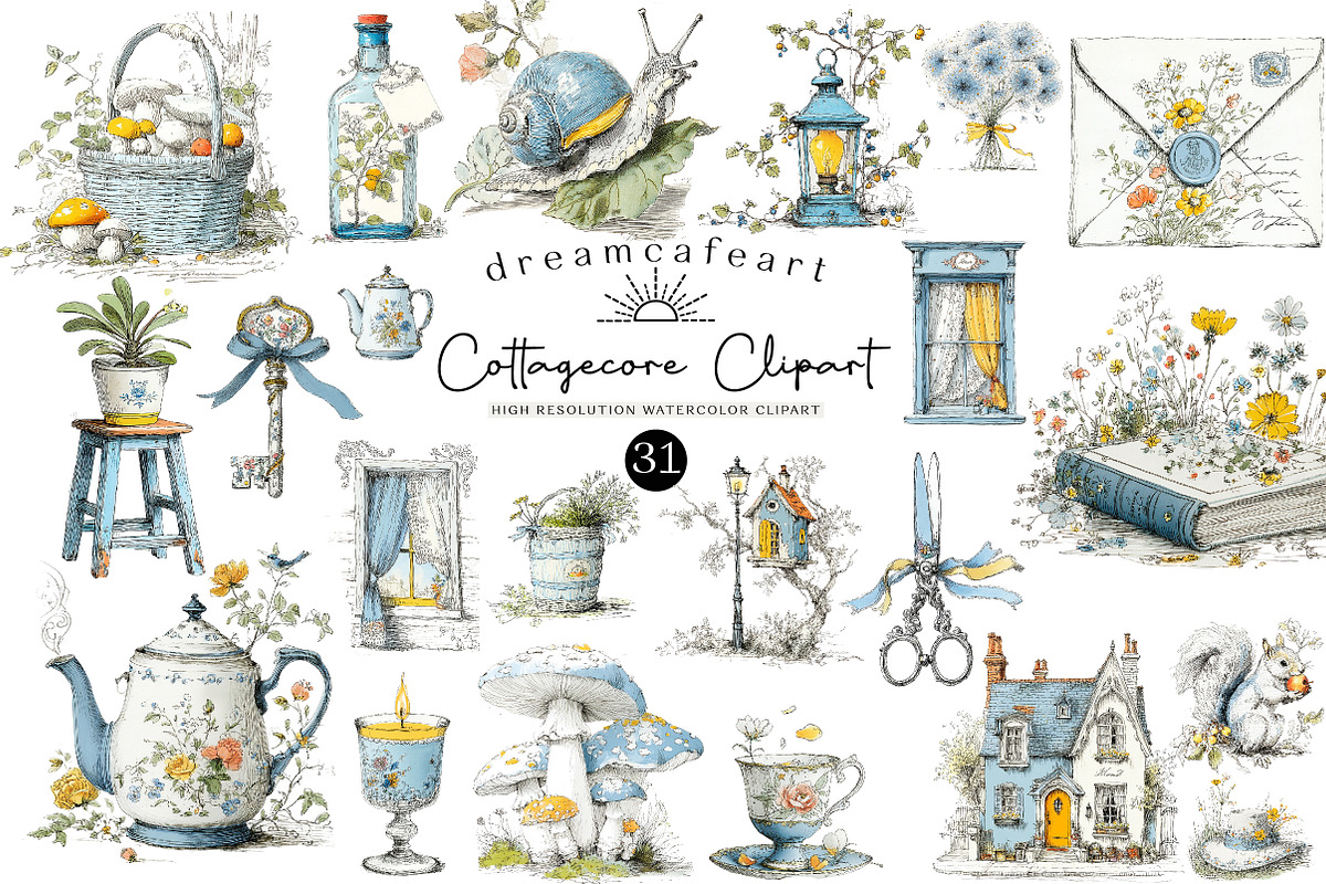 Cottagecore Clipart Hand Drawn Set, an Illustration by DreamCafeArt (Photo 1 of 6)
