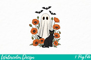 Cute Halloween Ghost and Cat Png, an Illustration by Watercolor design (Thumbnail 1 of 3)