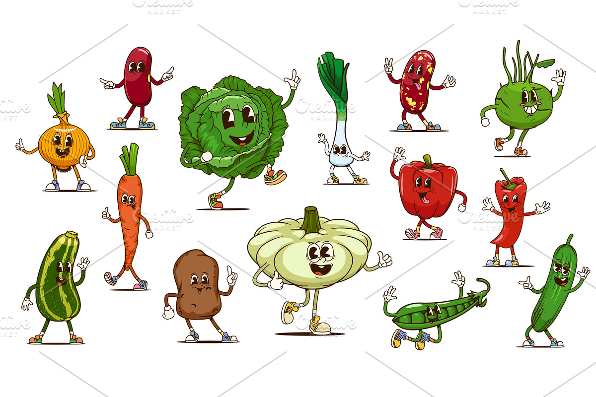 Groovy vegetable food characters, a Food Illustration by Vector Tradition