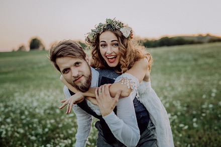 Beautiful bride and groom at sunset in green nature stock photo containing, a Person Photo by HalfPoint