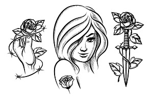 Tattoos. Beauty Girl, Knife & Rose