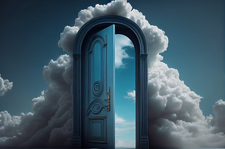 New life door to heaven, conceptual image. Leaving all problems behind, walking, a Technology Illustration by Olyryk & Aglo