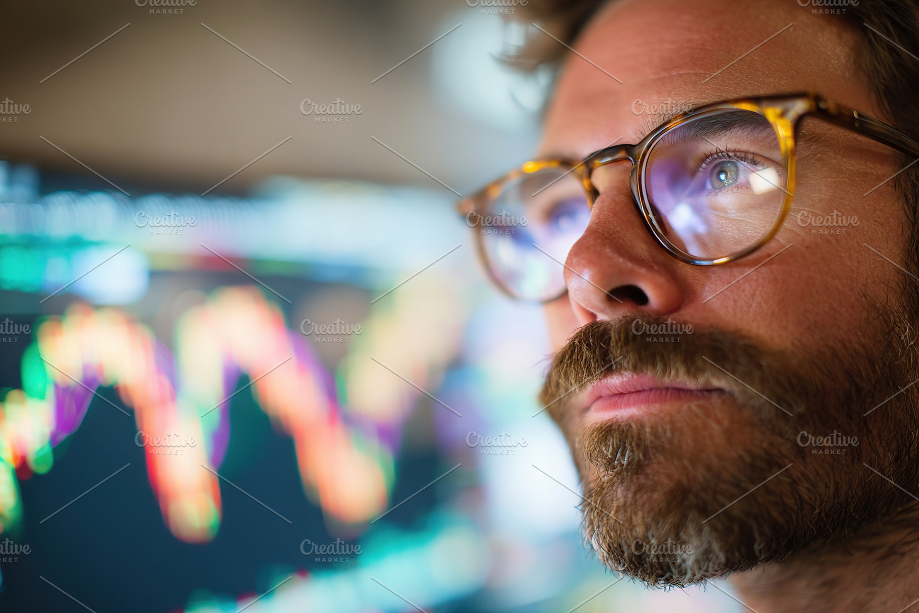 Close-up view of a focused individual analyzing financial data on a computer sc, a Business Photo by AlyaAnd