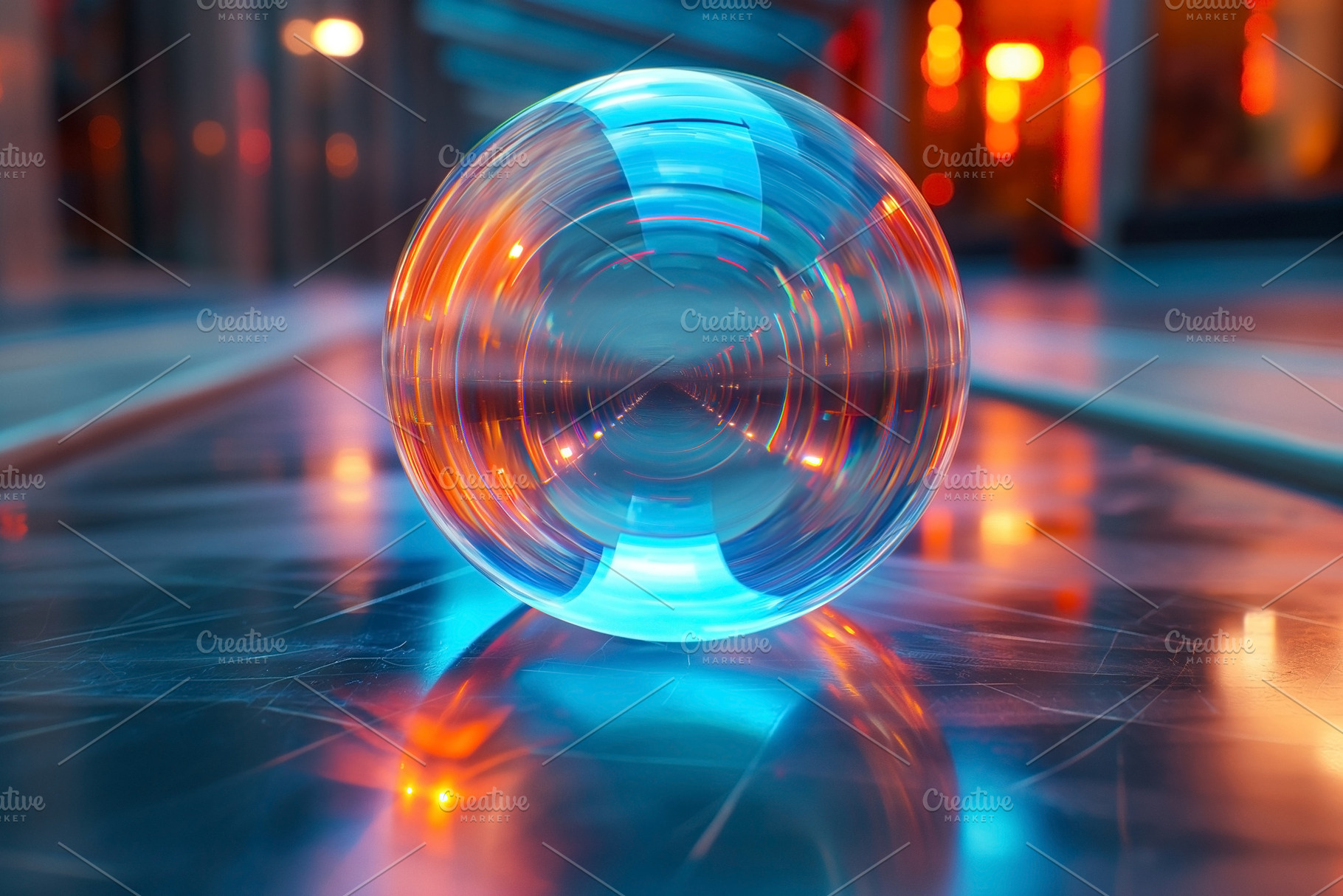 An abstract glass orb reflecting vibrant orange and blue lights, a Background Photo by ImageMir