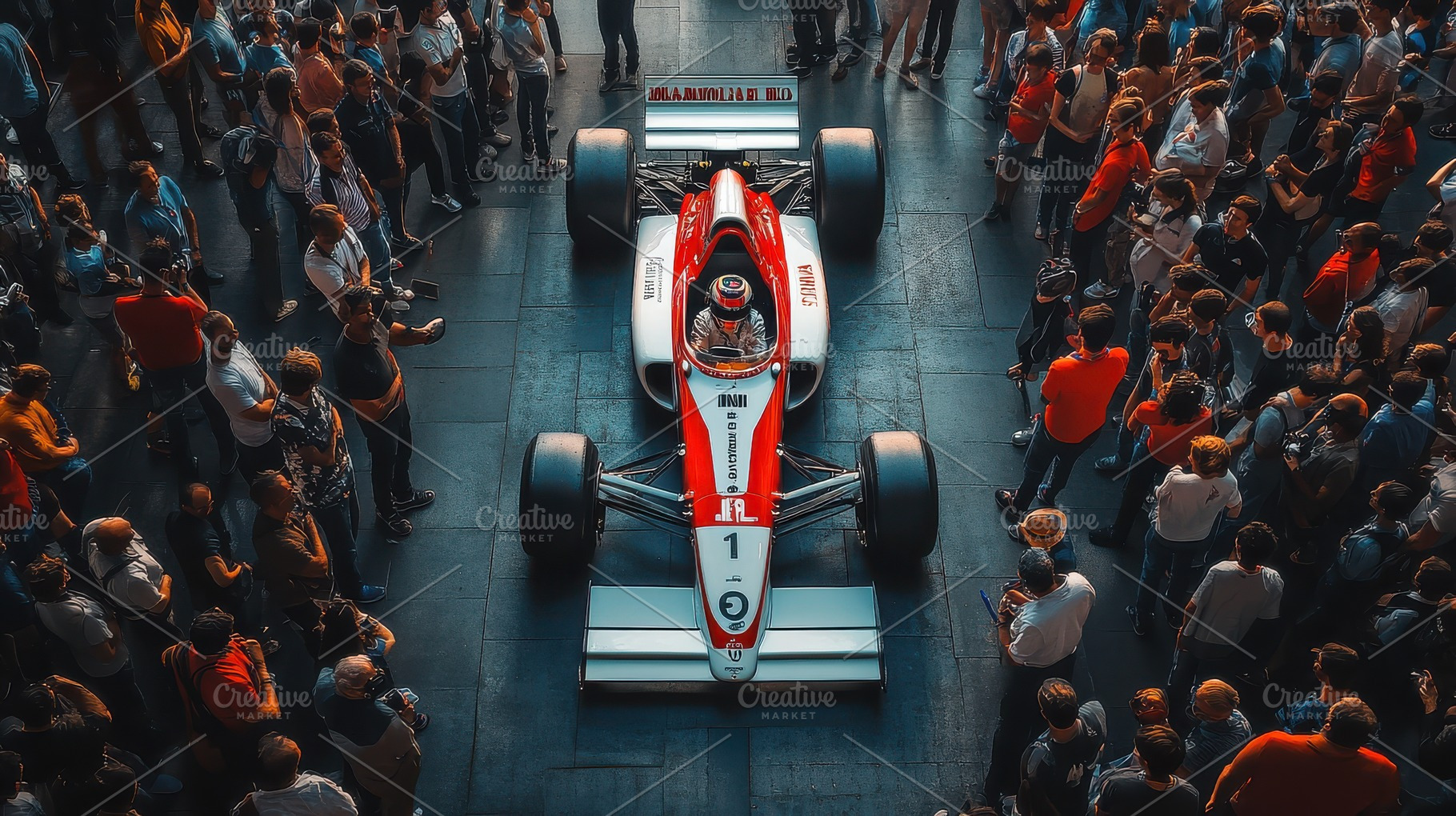 Vintage race car surrounded by a cro, a Background Photo by Pixeness Studio
