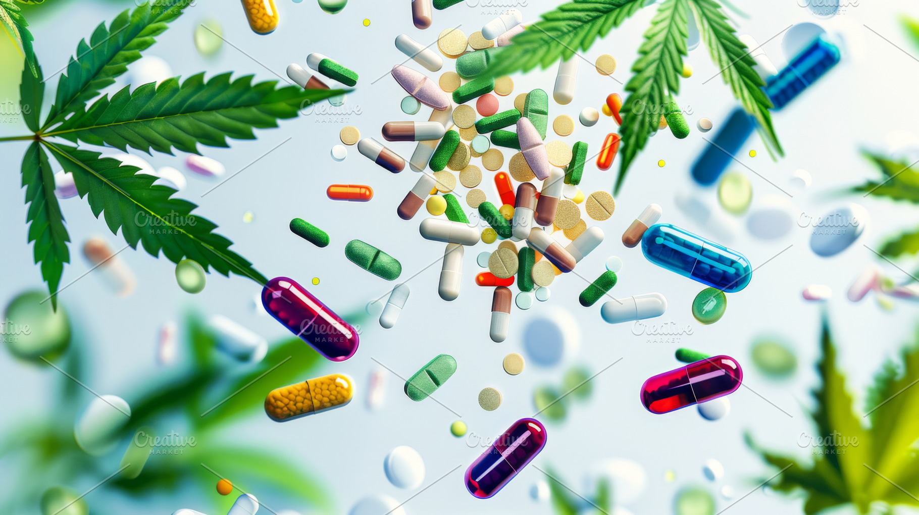Colorful pills and cannabis leaves scattered on white background, a Photo by Dvoevnore photos