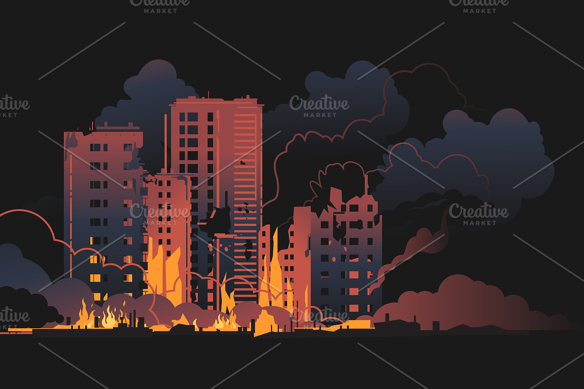 Night town on fire after bombing, an Illustration by Oceloti