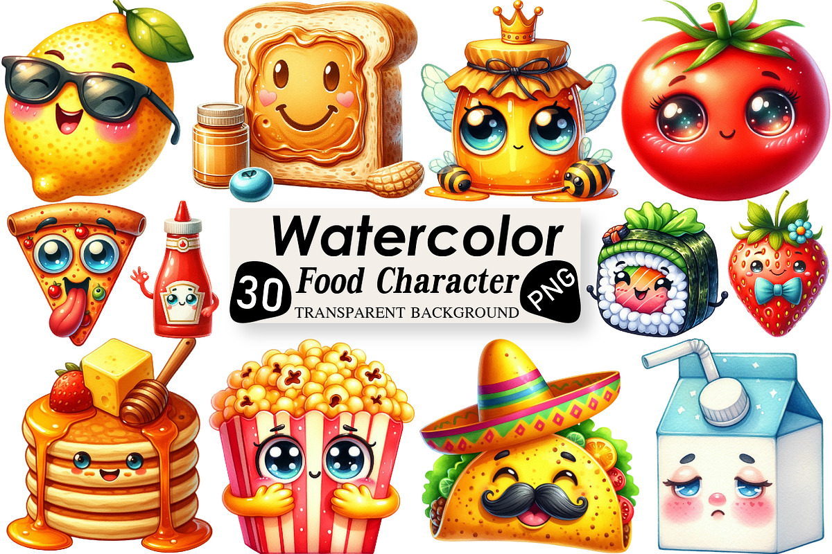 Watercolor Food Character Clipart, an Illustration by Black Bird Studio (Photo 1 of 6)