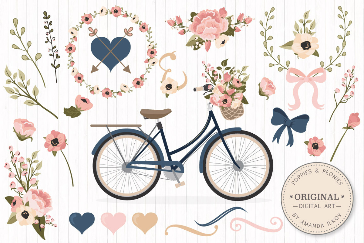Navy & Blush Floral Bicycle & Extras, an Illustration by Amanda Ilkov (Photo 1 of 5)