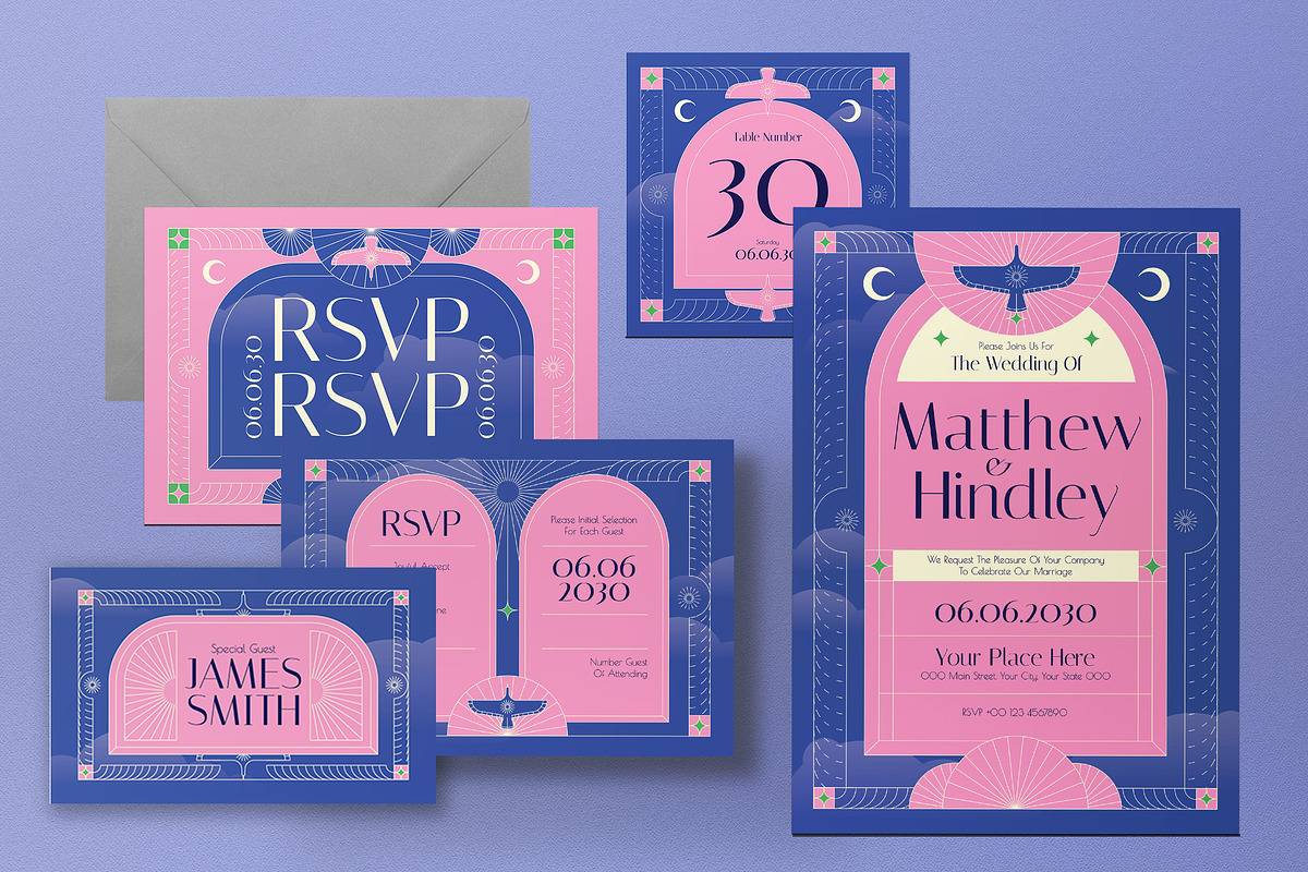 Pink Art Deco Wedding Invitation Set, an Invitation Template by graphicook (Photo 3 of 3)