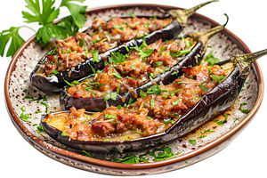 Eggplant stuffed with cheese and meat in plate, a Food & Drink Photo by AlyaAnd