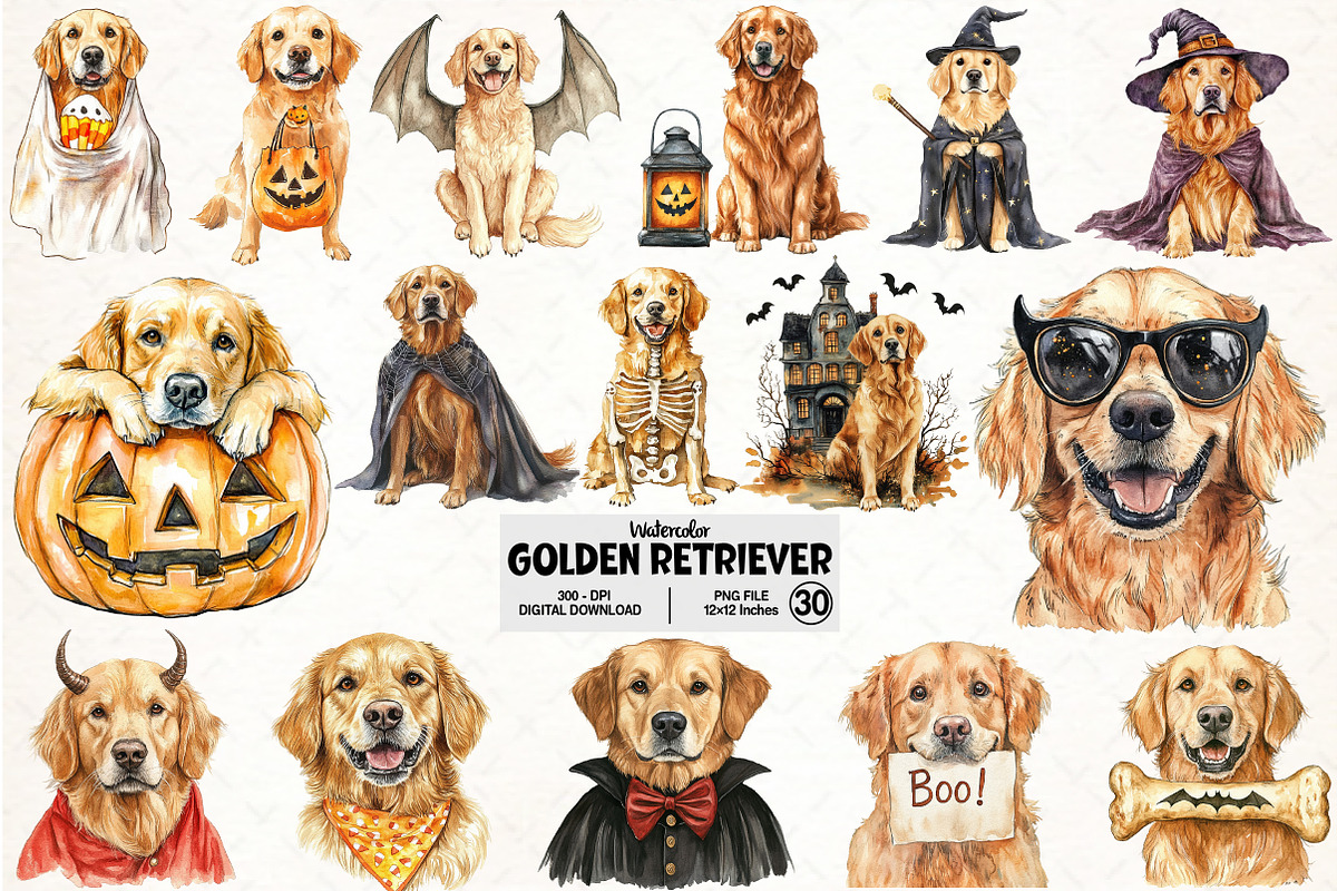 Golden Retriever Halloween Bundle, an Illustration by Pixels.Craft (Photo 1 of 7)