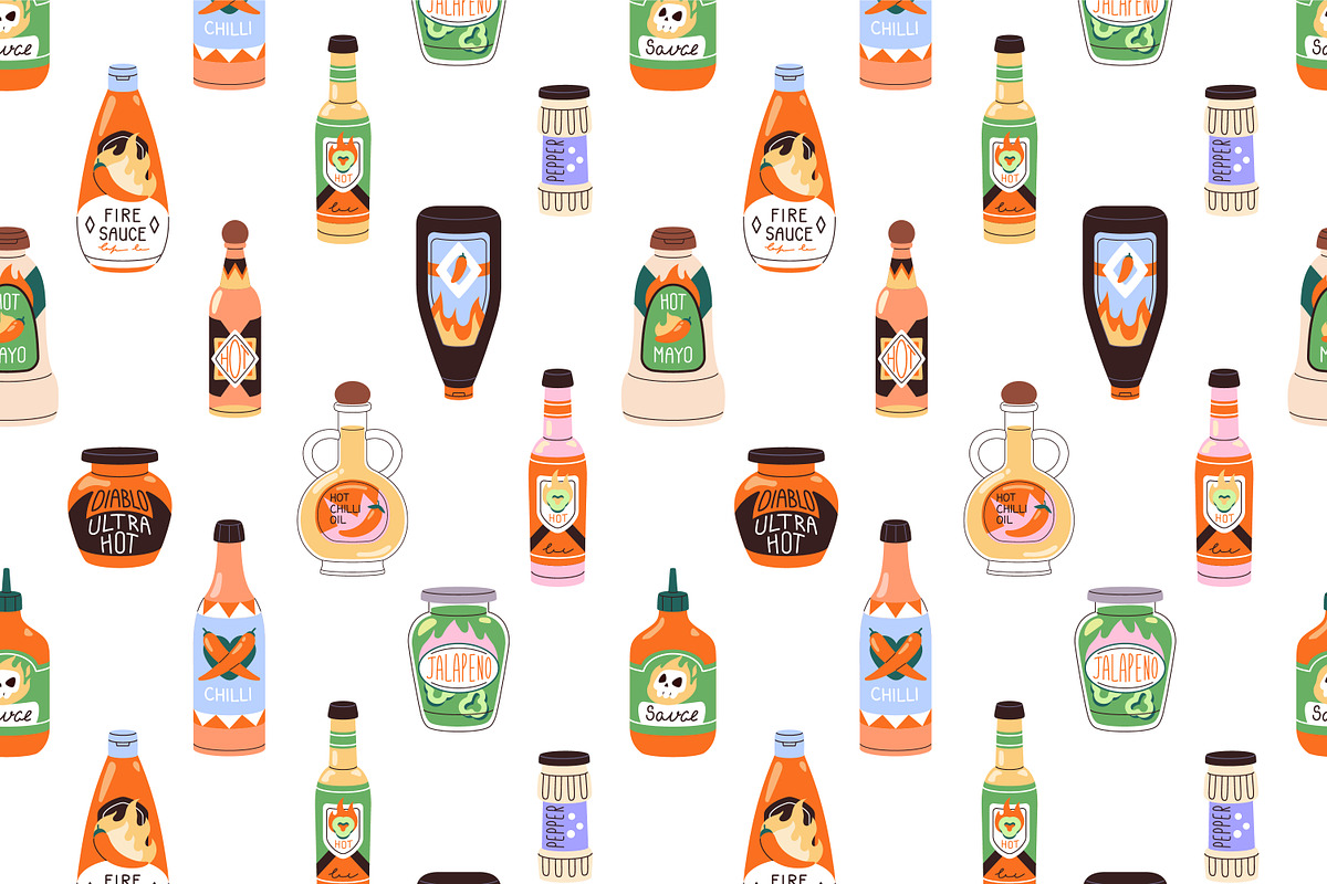 Spicy sauces set + seamless patterns, a Food Illustration by PaperTrident (Photo 2 of 4)