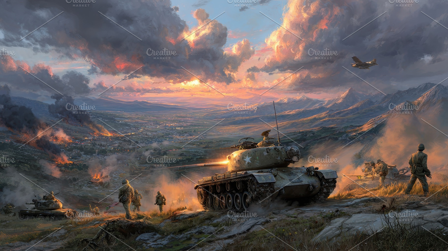 Tank Assault Sunset Battle War Soldi, an Abstract Photo by Pixeness Studio