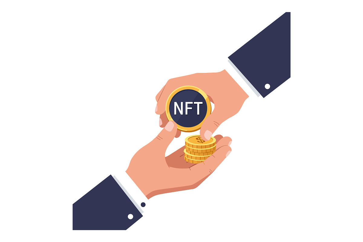 Hands exchanging a digital NFT coin, an Illustration by designvectx