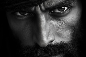A close-up portrait of a arabic man with intense eyes and a thick beard, wearin, a Person Photo by Textures & Backgrounds