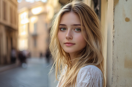 Young girl with green eyes stands on a charming street during a, a Person Photo by AlyaAnd