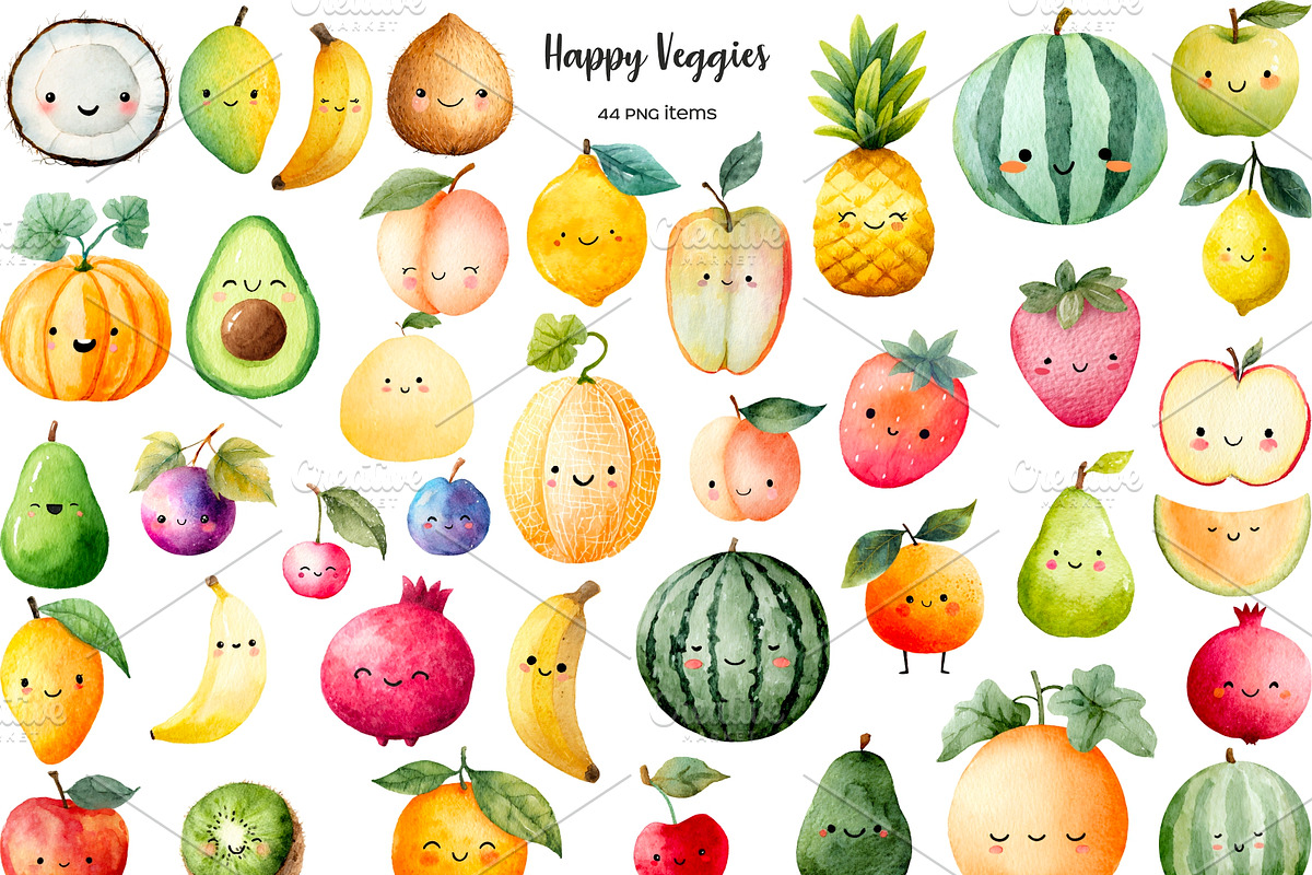 Watercolor Kawaii fruits clipart, a Food Illustration by Art and Funny (Photo 2 of 3)