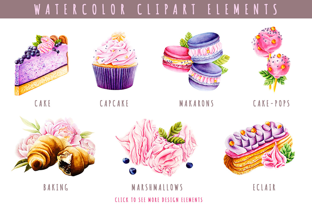 Sweet watercolor clipart (18 items), a Decorative Illustration by Integrity_store (Photo 2 of 7)