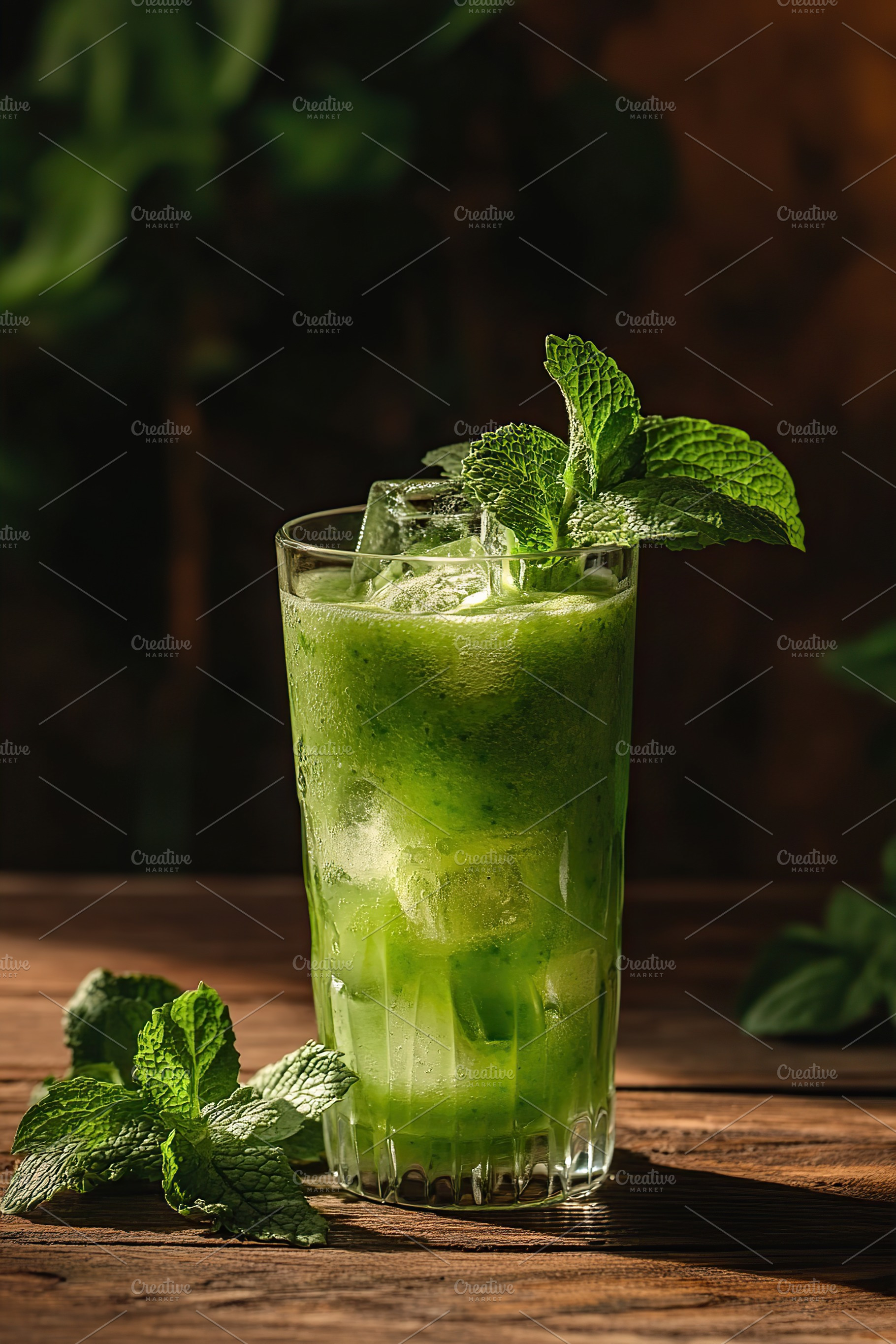 Refreshing detox green drink served in a tall glass with mint garnish, a Food & Drink Photo by AlyaAnd