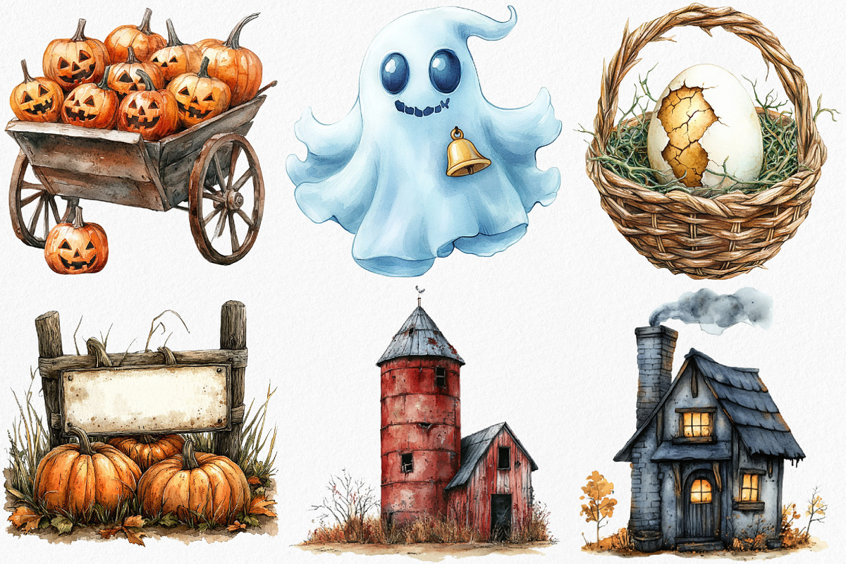 Watercolor Halloween Farm Clipart, an Illustration by Canvas Craft (Photo 2 of 7)