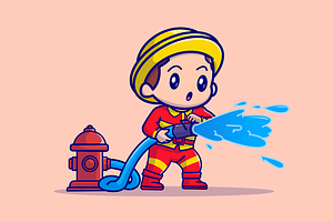 Cute Boy Firefighter with Water Hose, a Person Illustration by Catalyst Labs