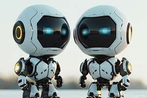 Two humanoid robots with digital fac, a Photo by LOGOCREATIVE