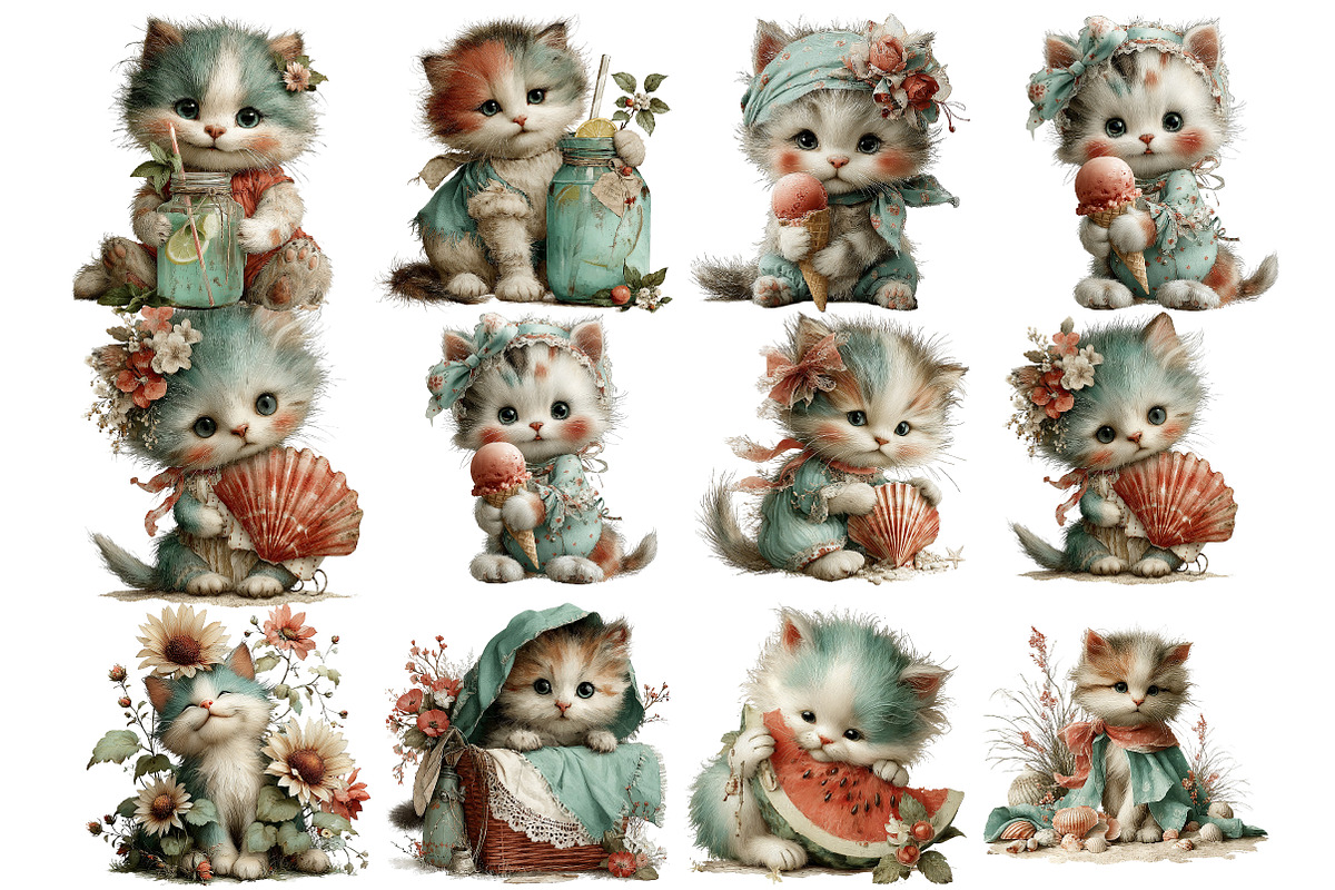 Whimsical Summer Cats Clipart, an Illustration by DreamArtGraphic (Photo 5 of 5)