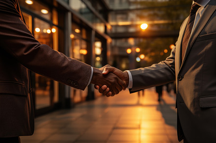 Businessmen shaking hands in the city at night, close-up. Genera, a Business Photo by AS photostudio