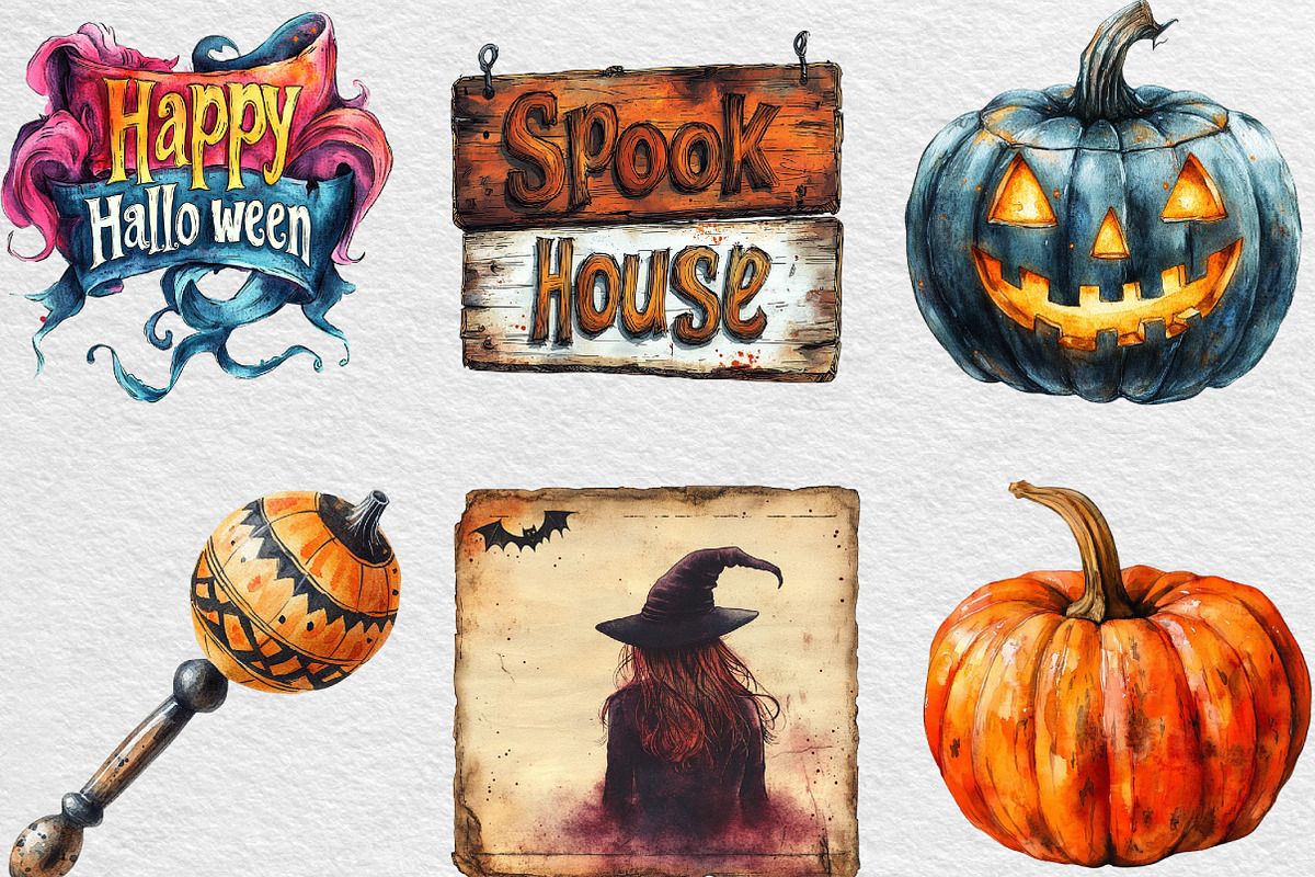 Watercolor Vintage Halloween Clipart, an Illustration by Black Bird Studio (Photo 3 of 6)