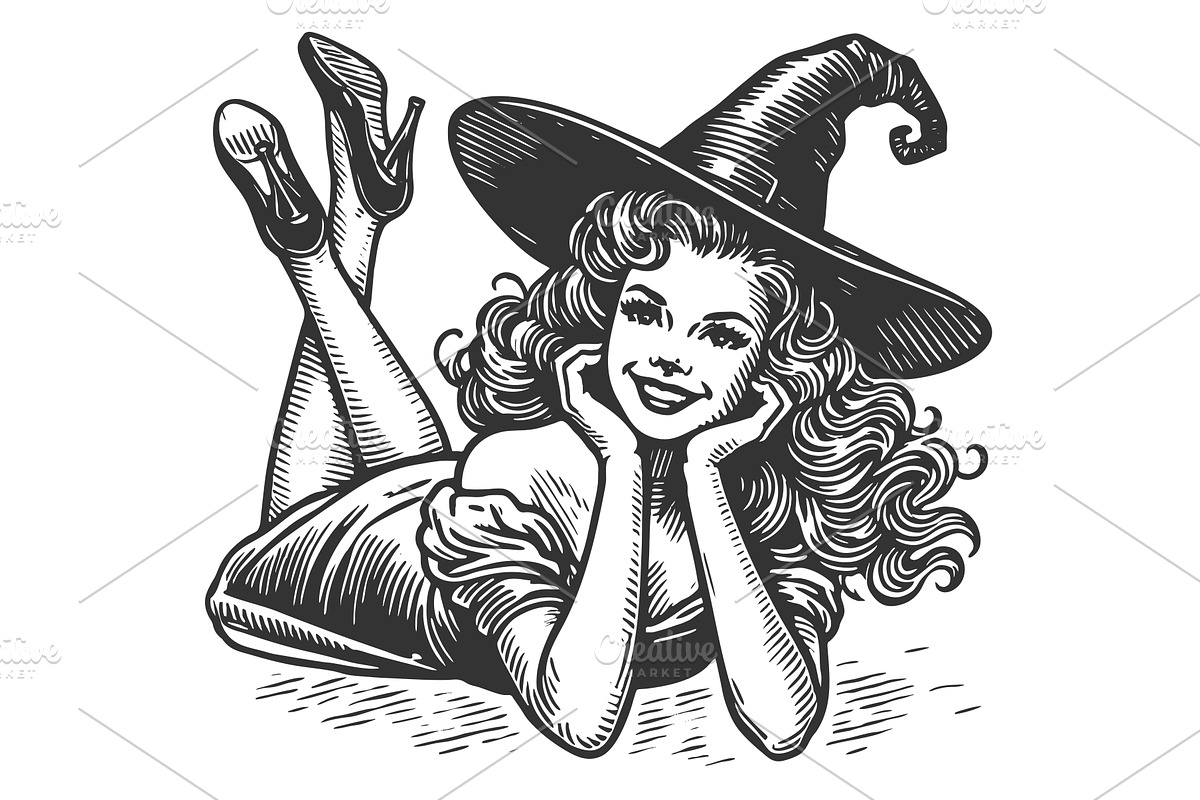 Pin-Up Witch Smiling in Vintage, a Person Illustration by AlexArt