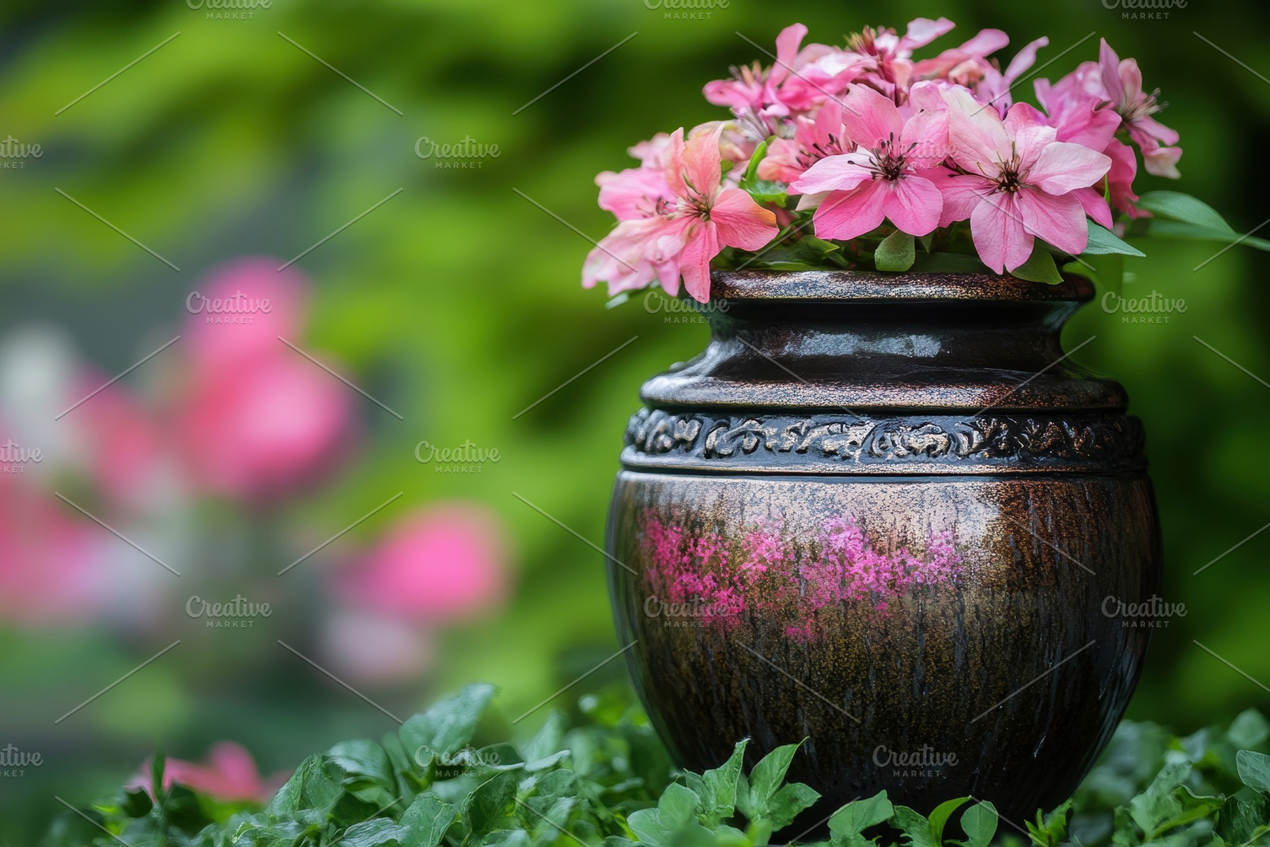 Vibrant pink flowers in decorative p, a Photo by Tanuart