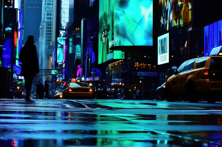 A vibrant urban scene at night in Times Square, New York City. The wet pavement, an Arts & Entertainment Photo by Textures & Backgrounds