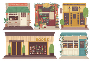 Shops and cafes buildings exterior, a Food Illustration by Sabelskaya