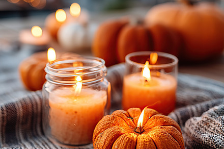 Cozy autumn evening with candles and pumpkins on a soft blanket outdoors, a Holiday Photo by AlyaAnd
