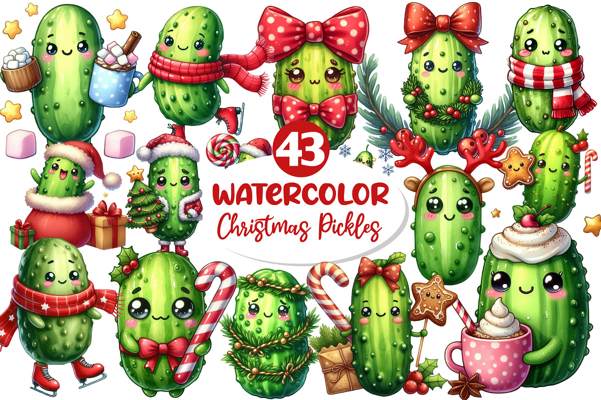 Christmas Kawaii Pickles Clipart, an Illustration by Dream Creation (Photo 1 of 7)