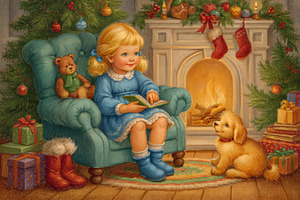 Young girl reading Christmas stories by fireplace with puppy, en, a Decorative Illustration by Studio ANNA
